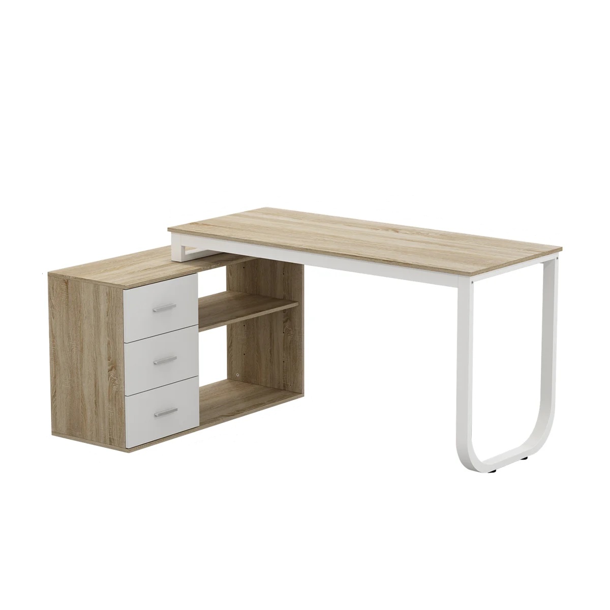 140cm Rotating L-Shaped Desk with 3 Drawers & Storage Shelves - Reversible Home Office Corner