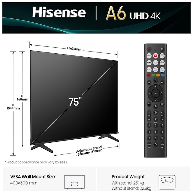 Hisense 75A6QTUK 75-inch 4K UHD LED Smart TV with Freely - Image 2