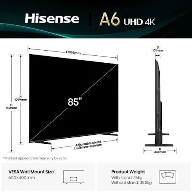 Hisense 85A6QTUK 85-inch 4K UHD LED Smart TV with Freely - Image 2
